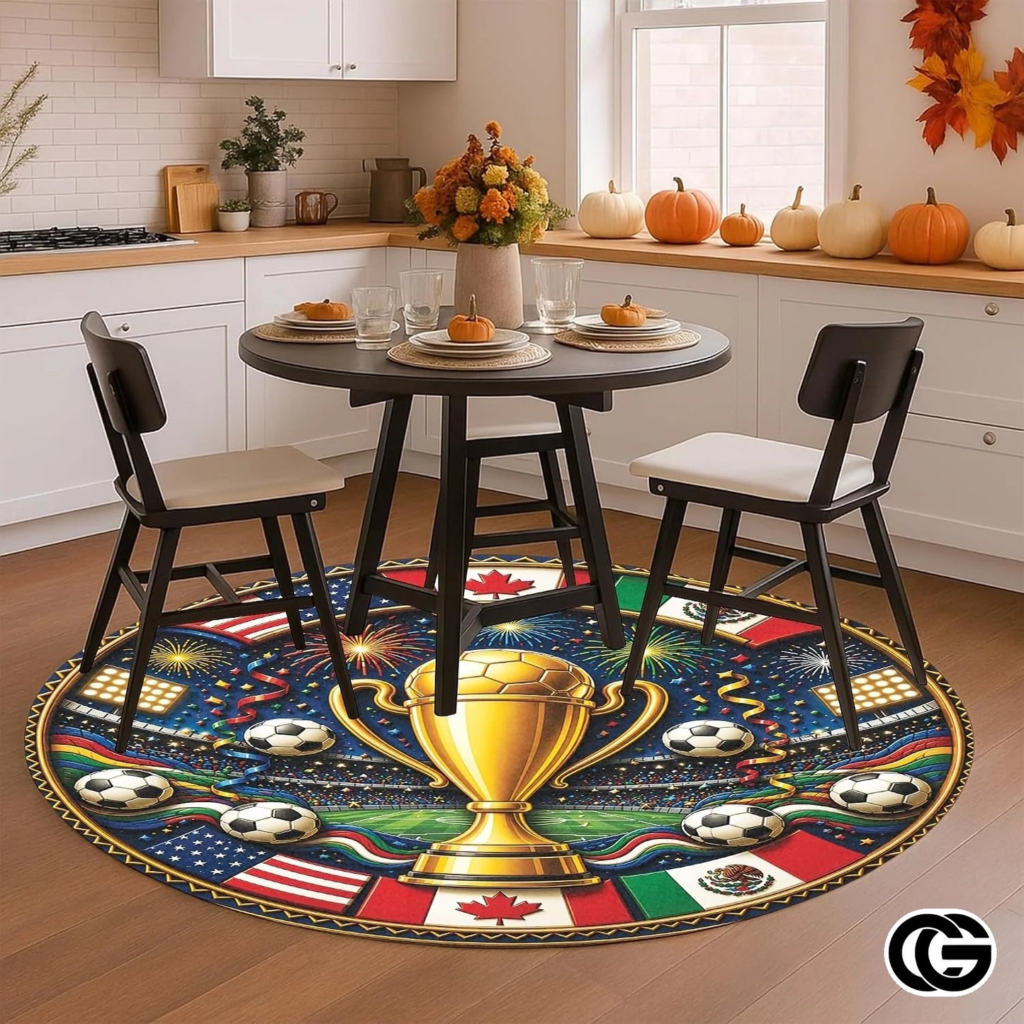 Custom Soccer Round Rug with Championship Trophy and World Flags - D7