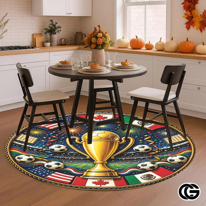 Custom Soccer Round Rug with Championship Trophy and World Flags - D7