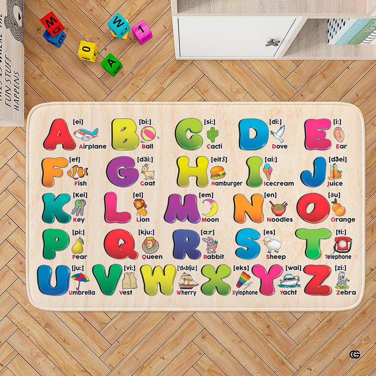 Educational play mat area rug displaying a full alphabet chart with colorful 3D letters on a light beige backdrop.