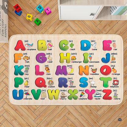 Educational play mat area rug displaying a full alphabet chart with colorful 3D letters on a light beige backdrop. - thumbnail image 1 of 8
