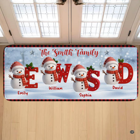 Custom Snowman Family with Grandkids Runner Rug- Personalized 2D Christmas Rugs, Grandparents Christmas Doormat, Grandma Grandpa Xmas Decor, Snowman Indoor Mats for Entryway, Gift for Nana (Style 5)