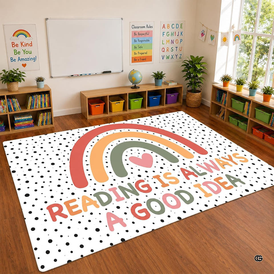 Full flat layout of dalmatian dot rainbow classroom area rug displaying pastel arch and black spots