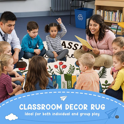 Classroom bookshelf themed circular floor rug styled beside a reading chair and wooden desk decor. - thumbnail image 3 of 7