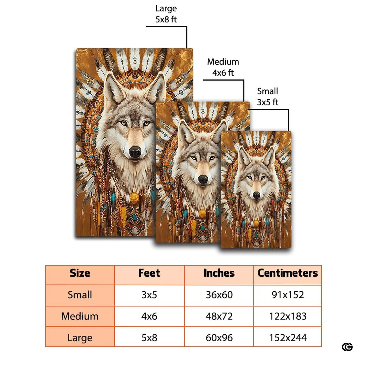 Mockup display showing the wolf headdress area rug placed near living room furniture