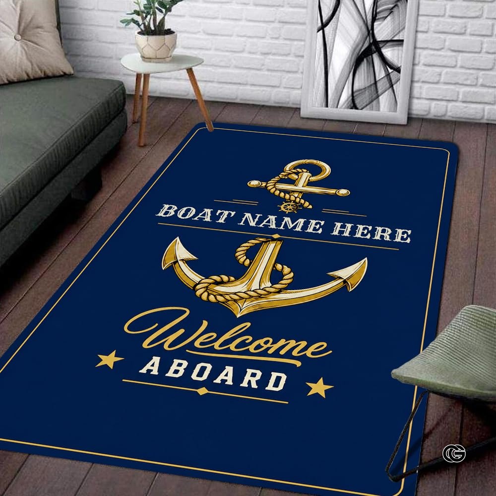 Custom Boat Rug, Personalized Welcome Aboard Mat with Boat Name, Nautical Area Rug for Deck, Entryway or Floor, Anchor Marine Decor, Boating Gift (Boat Rug 02)