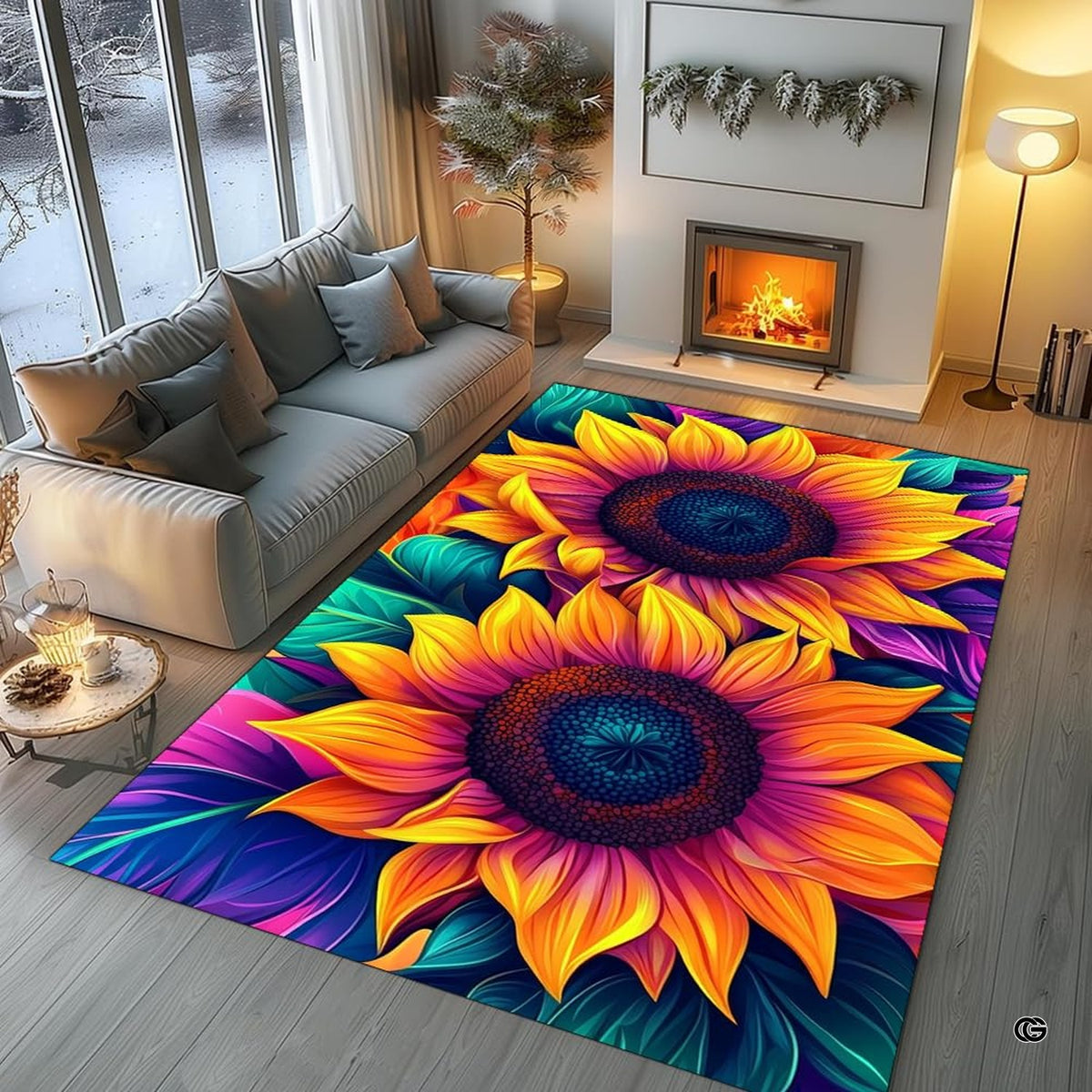 Top-down view of sunflower yellow area rug showing dual blossoms and deep botanical feather foliage.