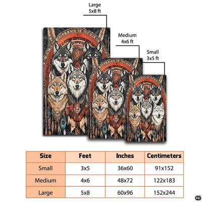 Mockup display showing the tribal wolf pack rug placed near living room furniture - thumbnail image 2 of 7