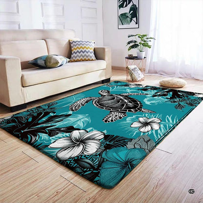 Monochrome Honu sea turtle area rug styled on hardwood flooring in living room. - thumbnail image 4 of 7