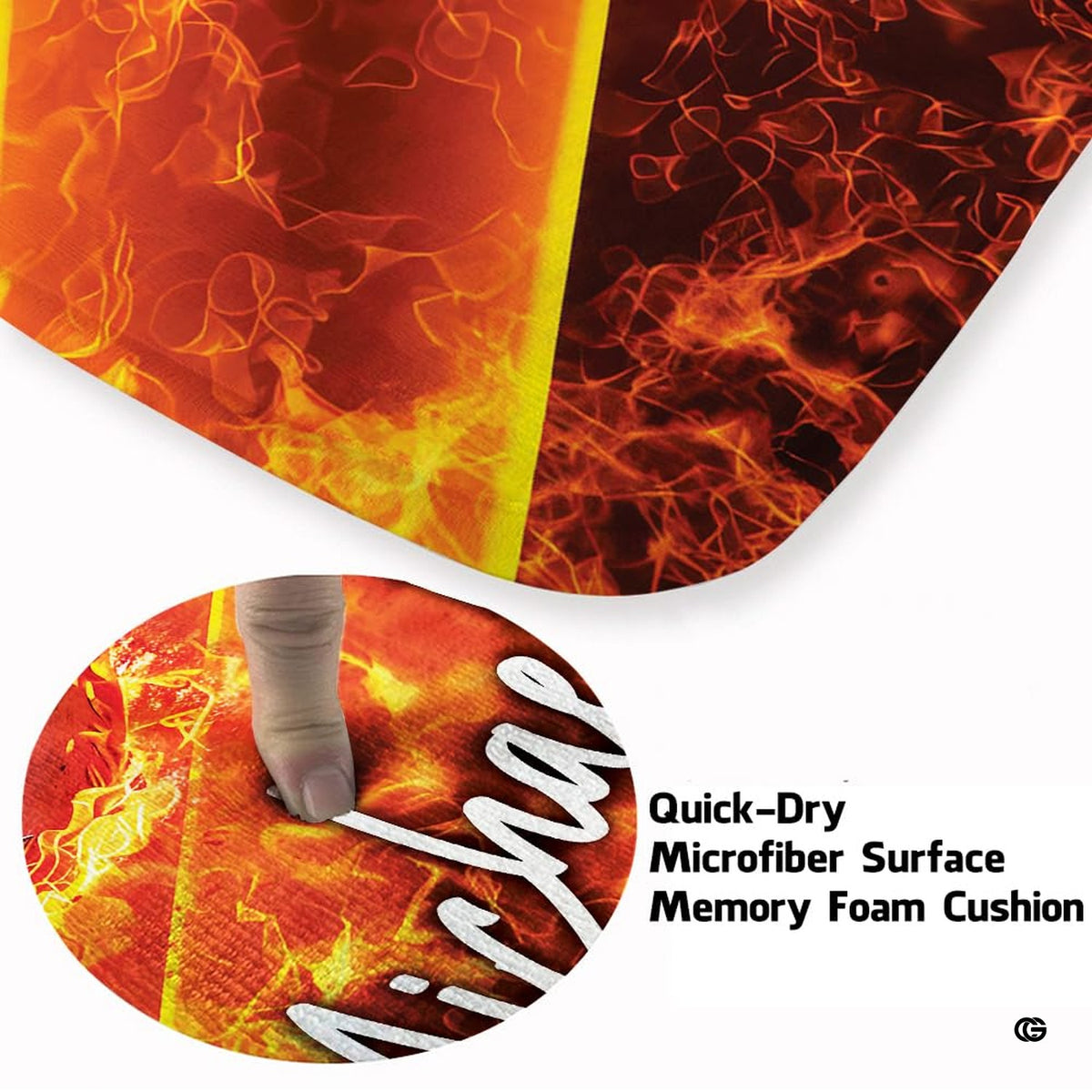 Close view of vibrant orange flame illustration on dynamic brand area rugs artwork.