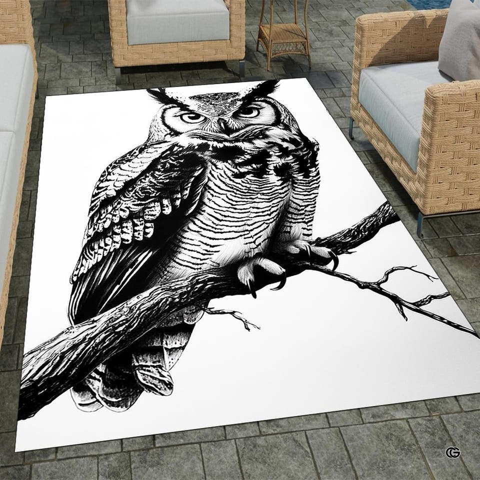 Black and white horned owl on branch living room area rug with detailed ink line etching