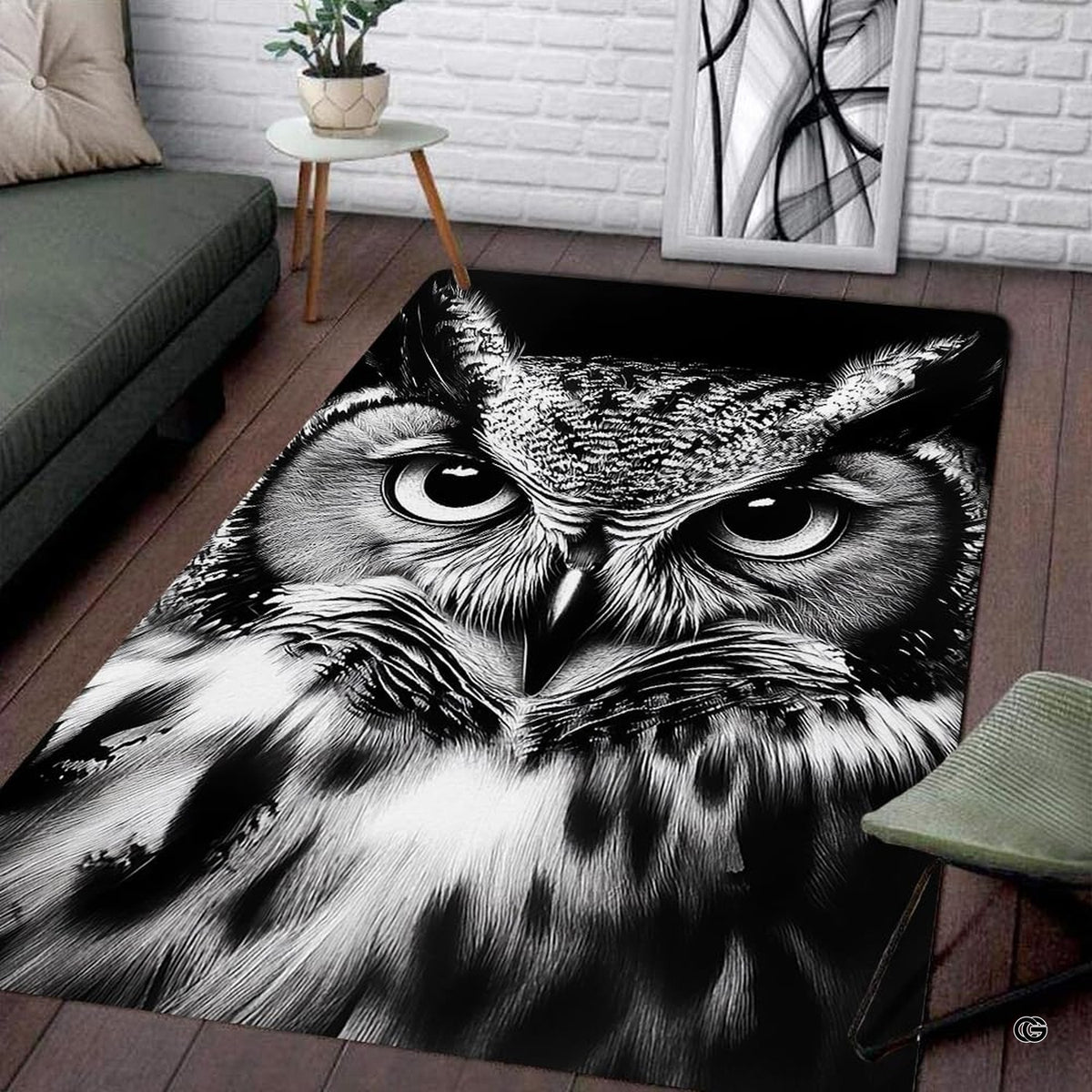Nocturnal owl face close up floor rug placed in cozy bedroom setting - image 7 of 8
