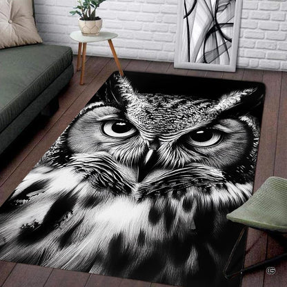 Nocturnal owl face close up floor rug placed in cozy bedroom setting - thumbnail image 7 of 8