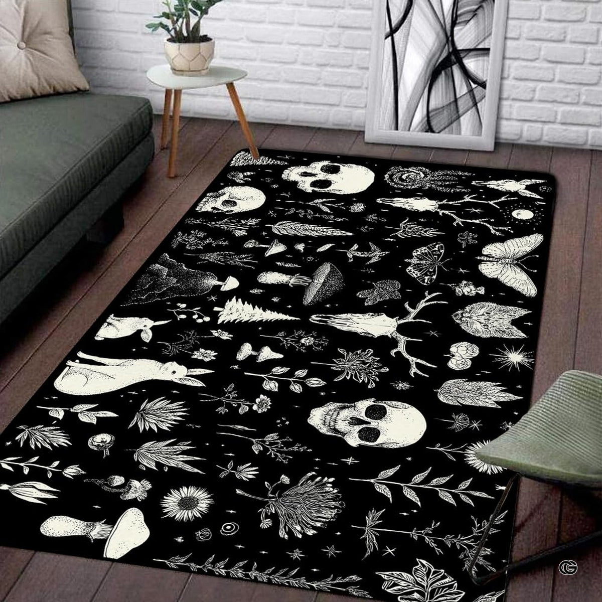 Sunlit living space mockup showcasing the black and white skull rug laid flat between furniture