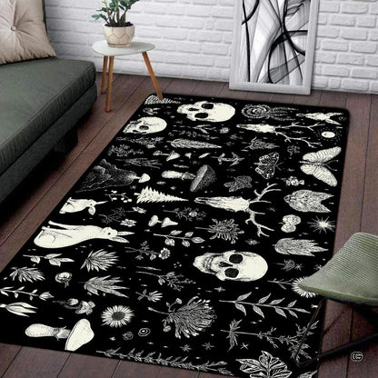 Sunlit living space mockup showcasing the black and white skull rug laid flat between furniture - thumbnail image 7 of 8