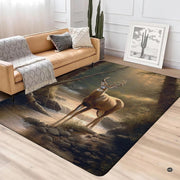 Preschool reading nook featuring the deer stream classroom area rug arranged alongside wooden bookshelves. - thumbnail image 4 of 5
