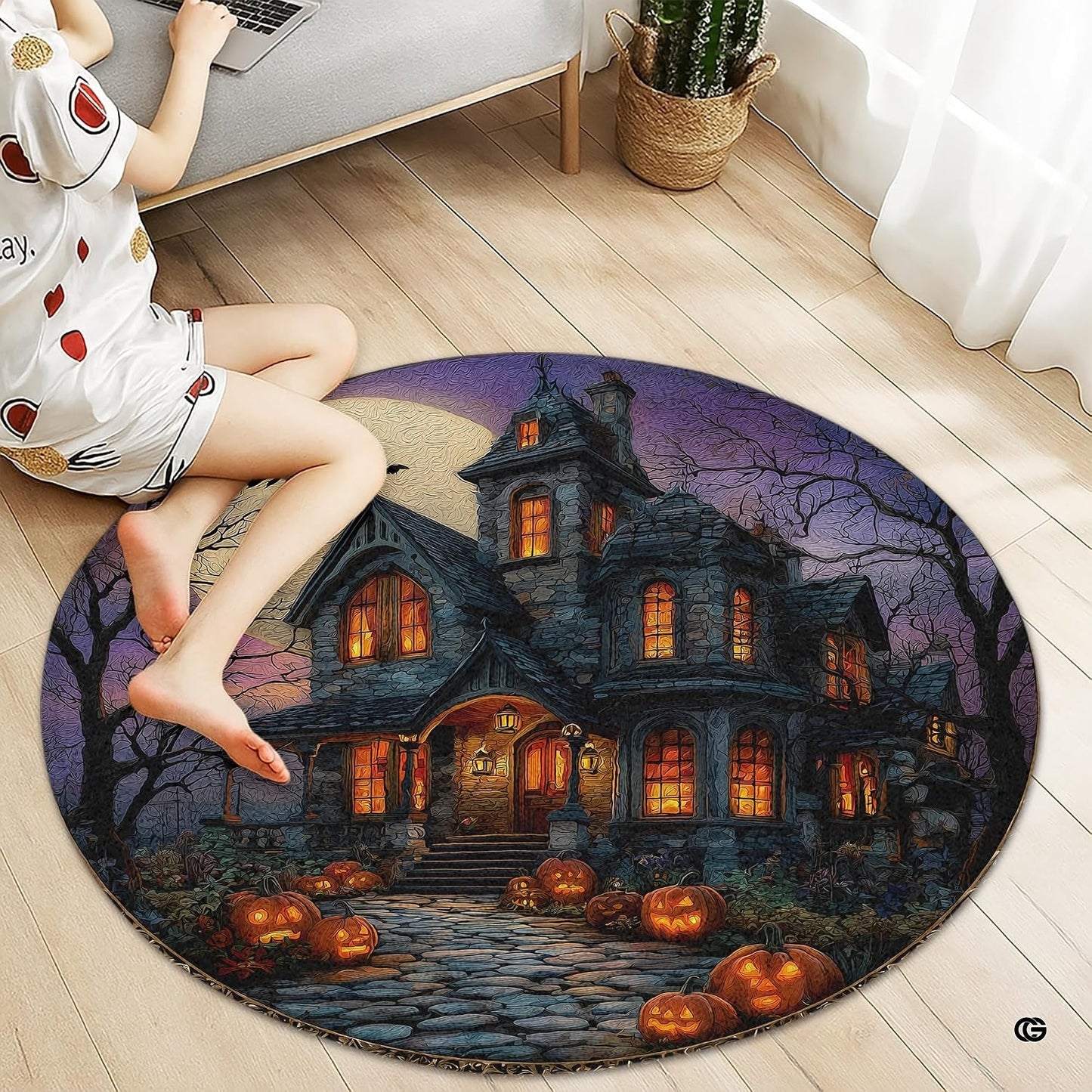Custom Halloween 3D Optical Illusion Round Rug Skeleton Horror Area Rug (1, #16)