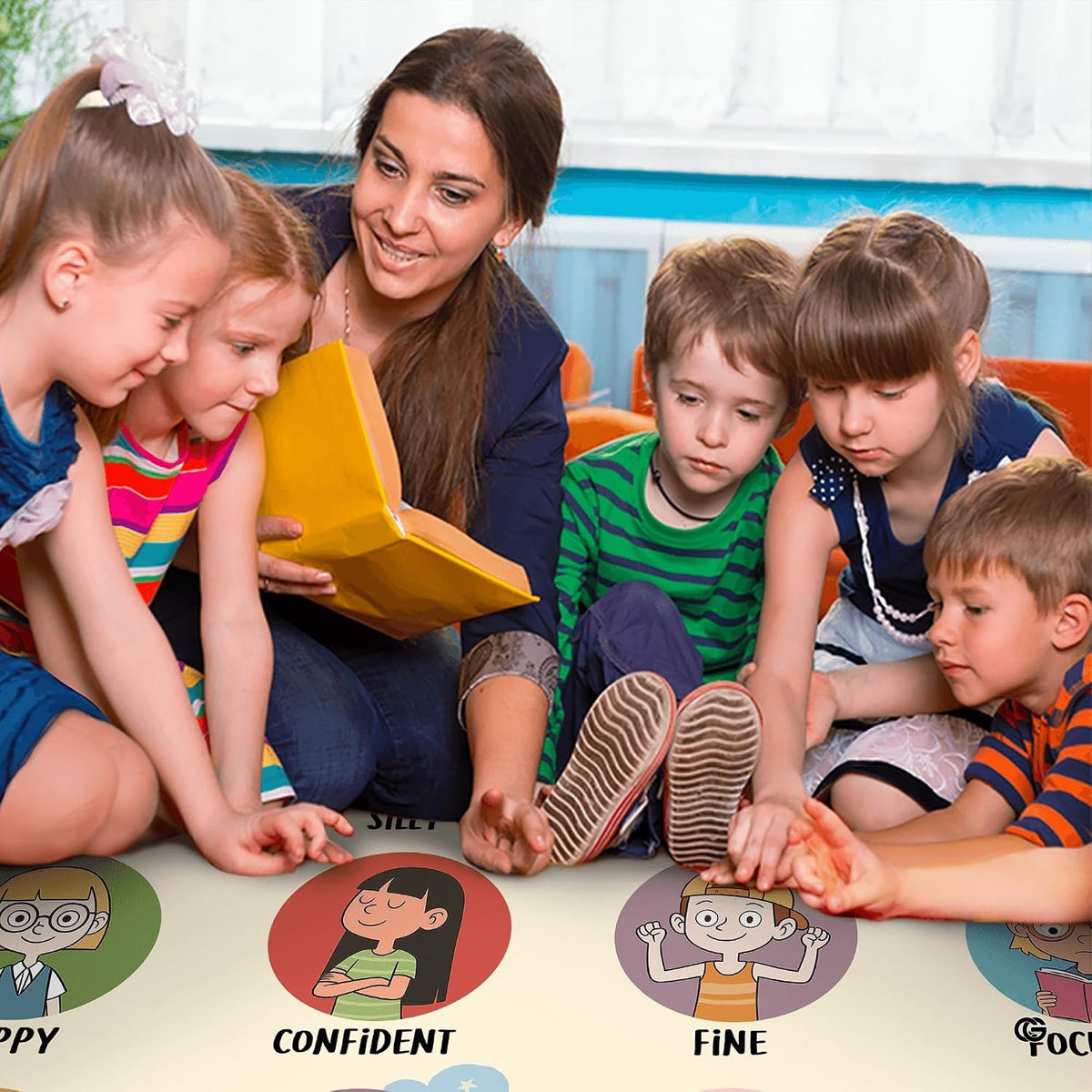 Room layout showcasing feelings and emotions classroom games area rug beside toy storage shelves.