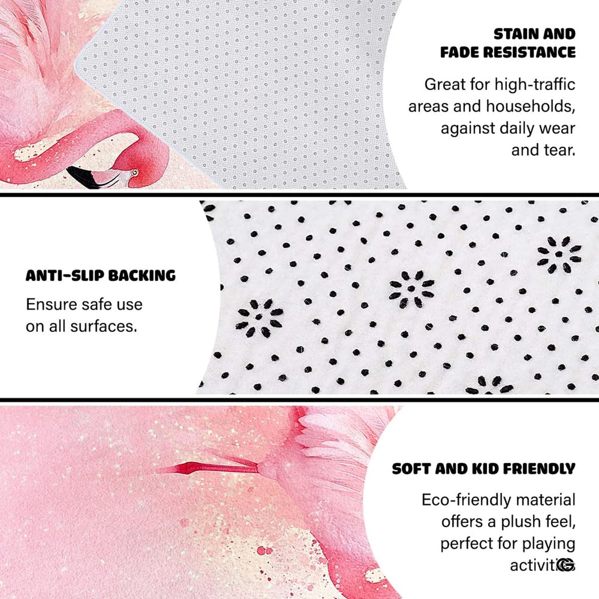 Outdoor patio stone lounge setting displaying the soft pink flamingo area rug
