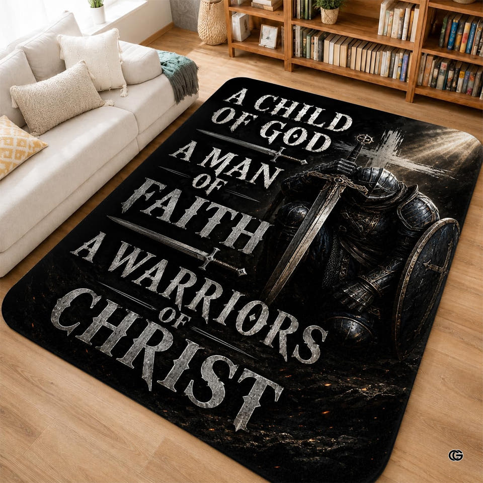 Medieval knight faith area rug displaying a kneeling crusader in plate armor beside living room seating.