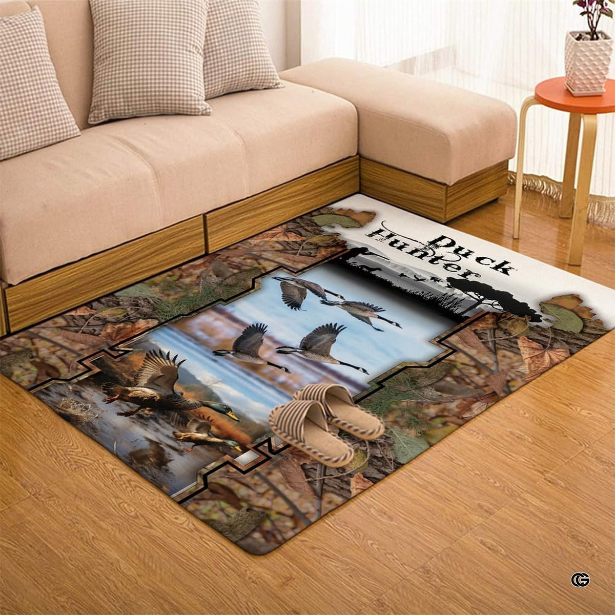 Waterfowl wildlife floor rug placed in rustic cabin bedroom setting