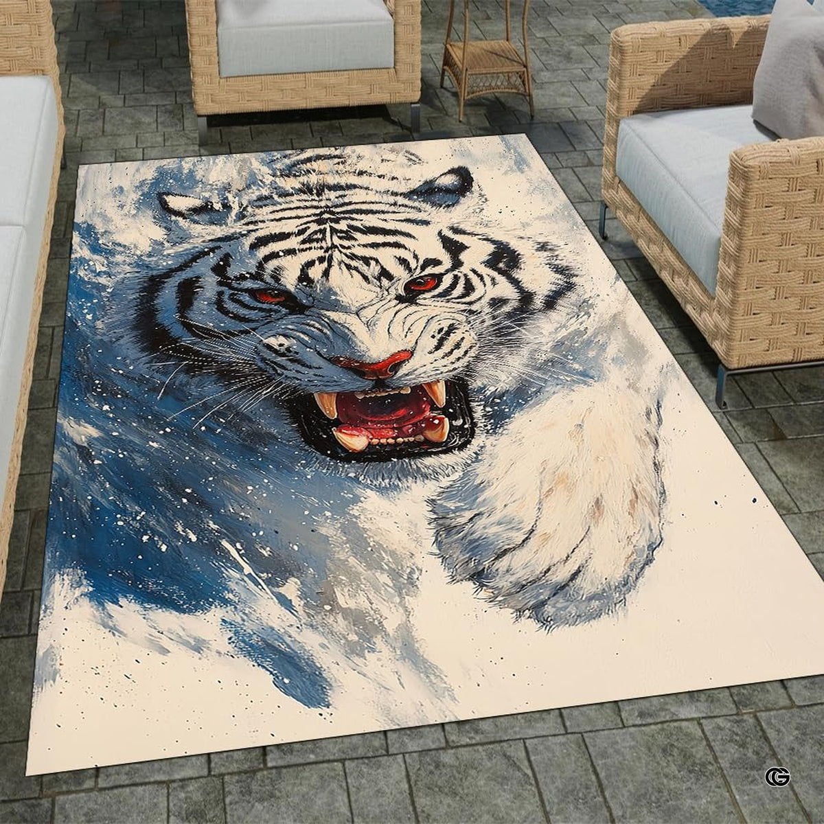Bright interior decor setup featuring the icy blue white tiger floor carpet