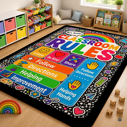 Personalized Teachers Classroom Rug, Custom Teacher Name Classroom Rules Area Rug, Feeling Chart Calming Corner Mat, Kindergarten Educational Back to School Class Decor (D7)