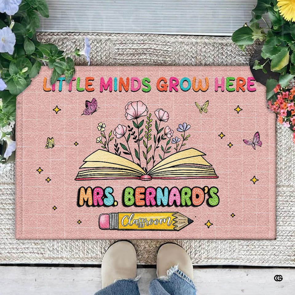 Personalized Teacher Welcome Door Mat with Name, Composition Notebook Style, Perfect Classroom Decor & Back to School Gift for Teachers (Little Minds Grow Here #1)