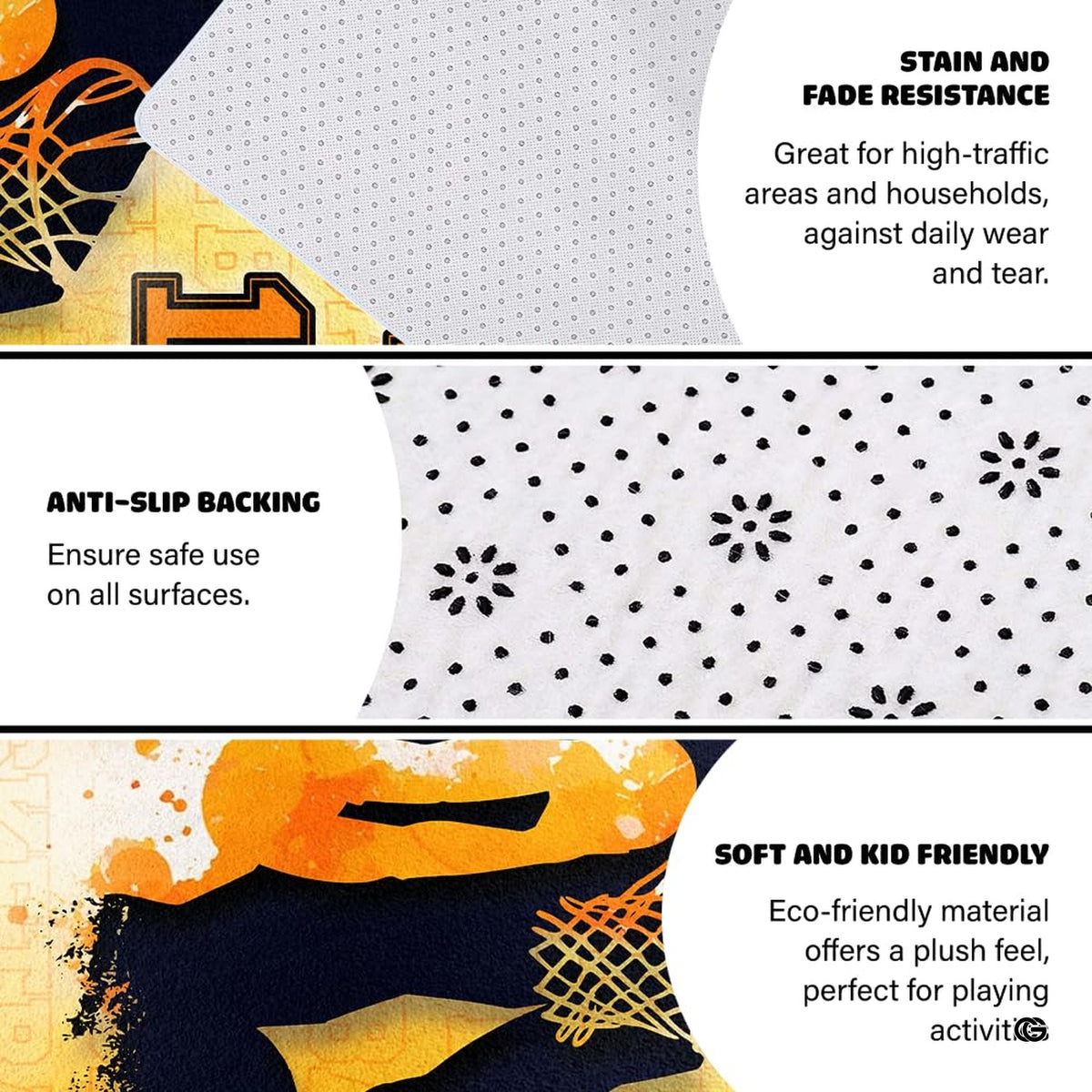 Basketball player silhouette sports carpet displayed in cozy living room interior