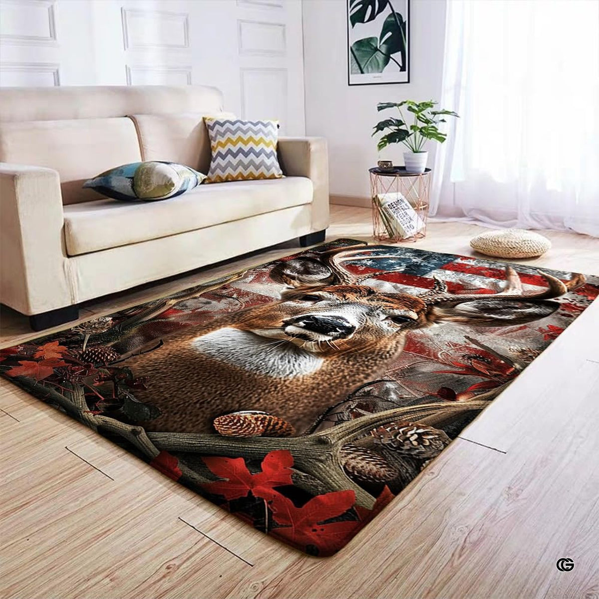 Rustic deer and aged American flag floor rug anchoring a lodge seating area.