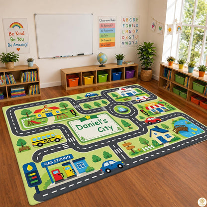 Custom Road Map Area Rug with Personalized City Street and Cars