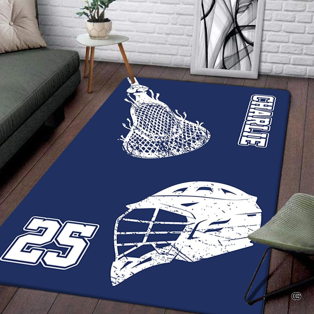 Lifestyle mockup showing the sports rug centered on a contemporary wood floor