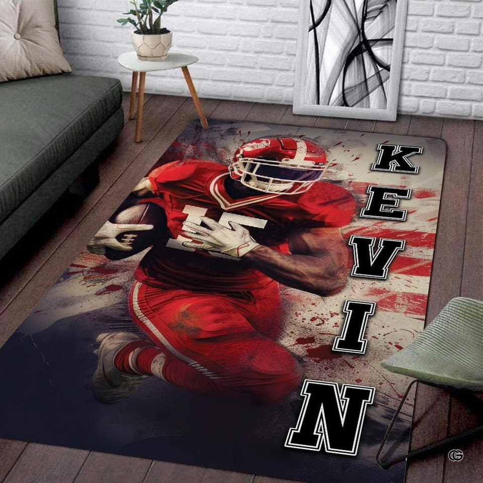 Football sports themed carpet showing a runner in red jersey over textured grey backdrop.