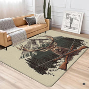 Close up illustration detail of crossed hunting rifles and woodland trees on an earthy rustic area rug. - thumbnail image 3 of 5