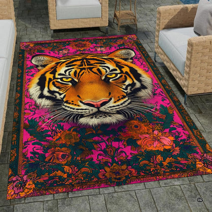 Home lounge arrangement displaying the floral tiger portrait accent rug - thumbnail image 7 of 8