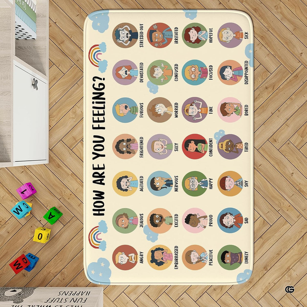Top-down view of feelings and emotions classroom display floor rug decorated with pastel rainbow and star artwork.