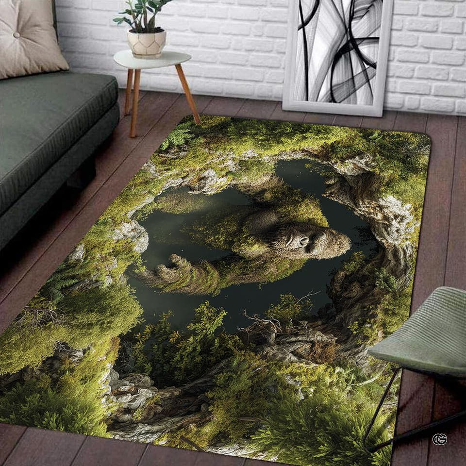 Bigfoot rug peering from a mossy forest hollow