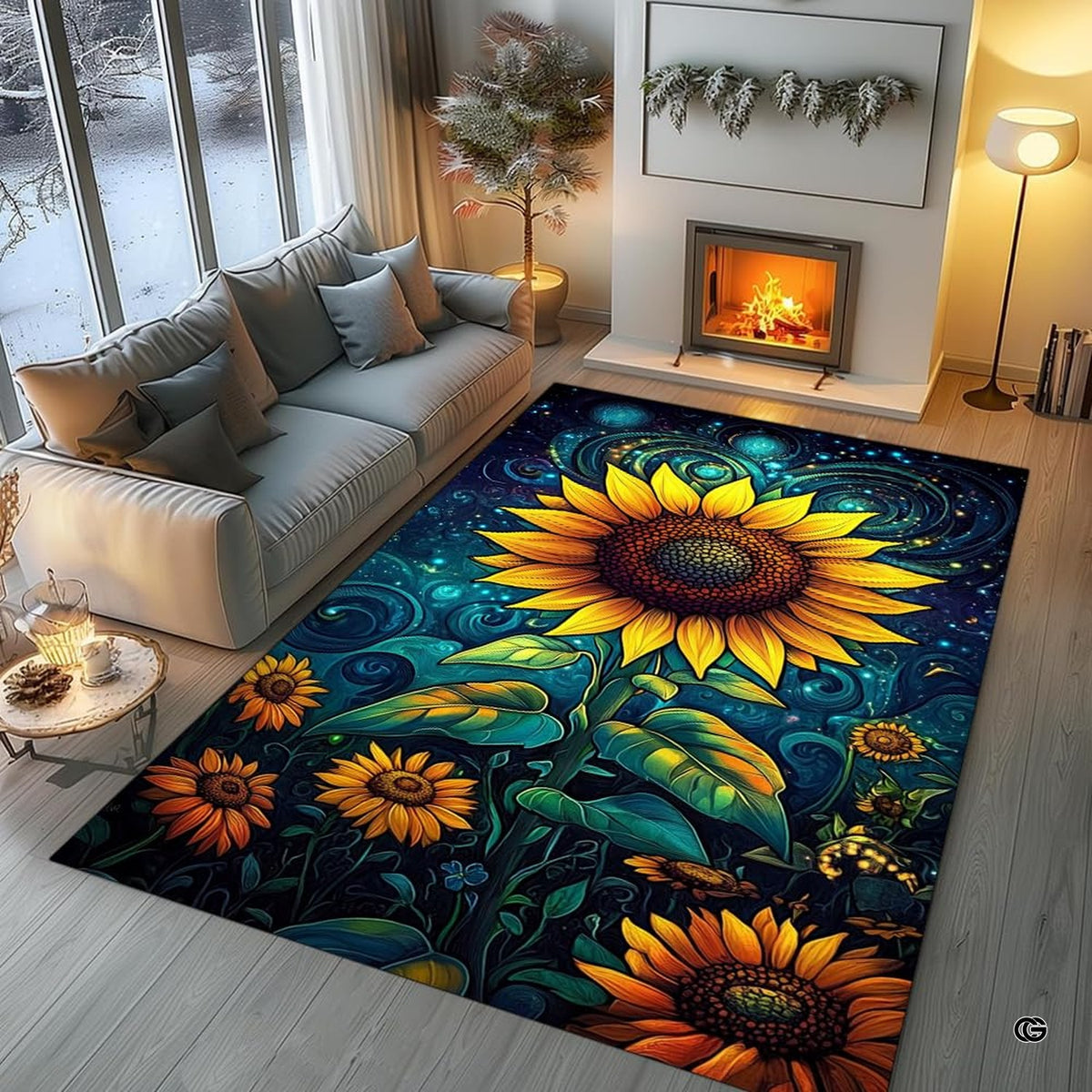 Studio layout displaying the cosmic bloom sunflower rug centered on flooring