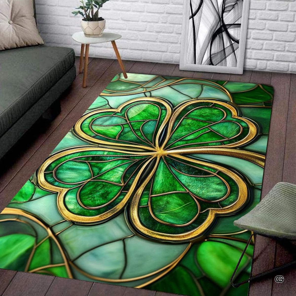 Overhead view of decorative clover motif area rug with mint and forest green mosaic glass pattern.