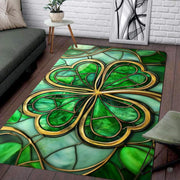 Overhead view of decorative clover motif area rug with mint and forest green mosaic glass pattern. - thumbnail image 2 of 9
