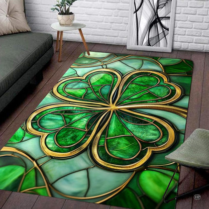 Overhead view of decorative clover motif area rug with mint and forest green mosaic glass pattern. - thumbnail image 2 of 9