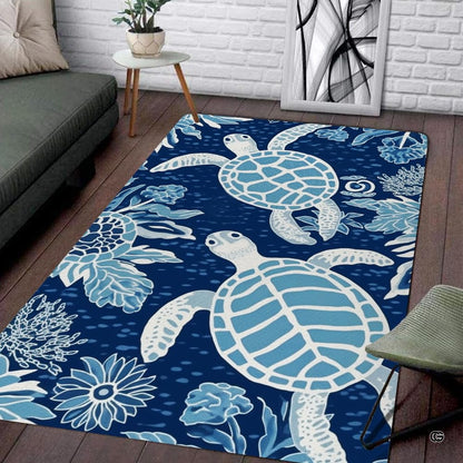 Overhead perspective of coastal marine area rug showing swimming sea turtles among coral branches on indigo ground. - thumbnail image 1 of 7