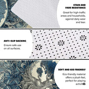 Sunlit living room fireplace setting displaying the blue and cream Tree of Life rug - thumbnail image 6 of 8