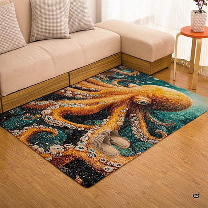 Mosaic tile golden octopus ocean floor rug placed in seaside bedroom setting - thumbnail image 7 of 7
