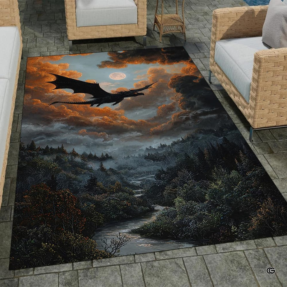Black dragon rug beneath an orange moon over a misty forest