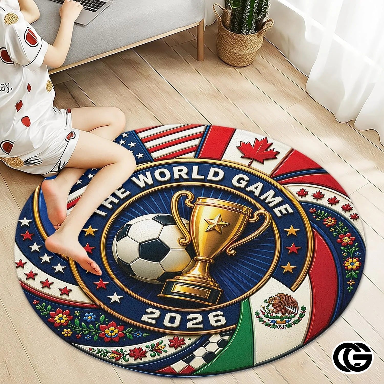 Custom Soccer Round Rug with Trophy and World Flags
