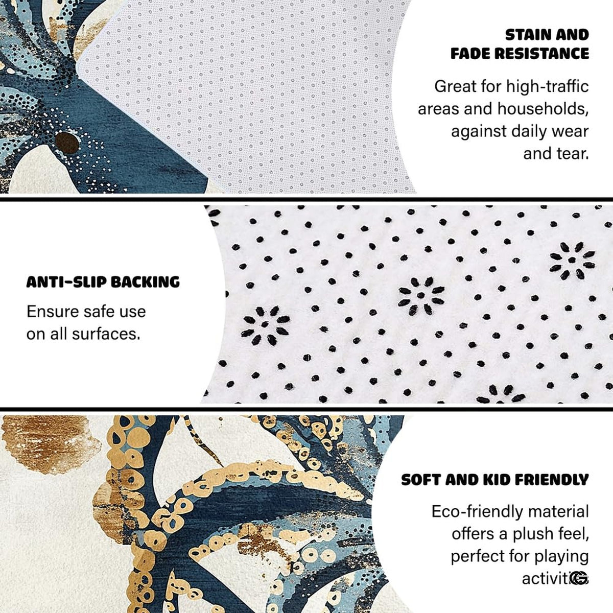 Overhead perspective of coastal octopus floor art displaying deep teal tones and metallic gold accents.