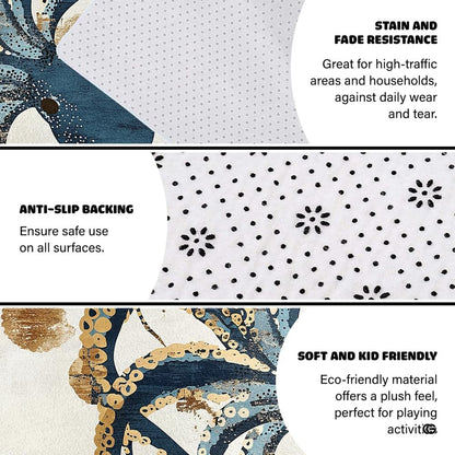 Overhead perspective of coastal octopus floor art displaying deep teal tones and metallic gold accents. - thumbnail image 4 of 7