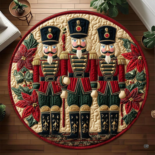 Overhead view of a round Christmas nutcracker soldiers area rug with poinsettia motifs on wood floor.