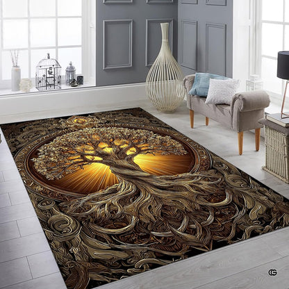 Lifestyle mockup showing the bronze Viking tree rug centered on a contemporary wood floor - thumbnail image 8 of 8