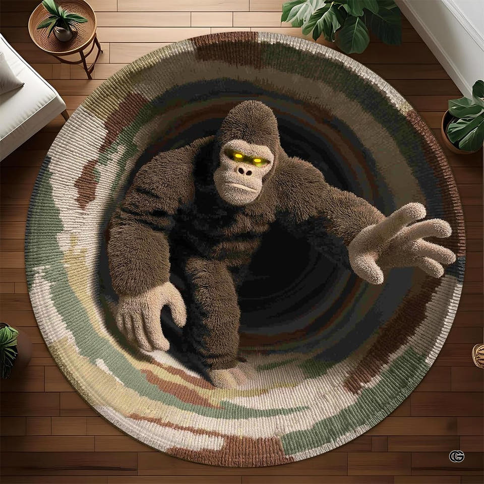 Round Yeti rug reaching from a dark striped tunnel
